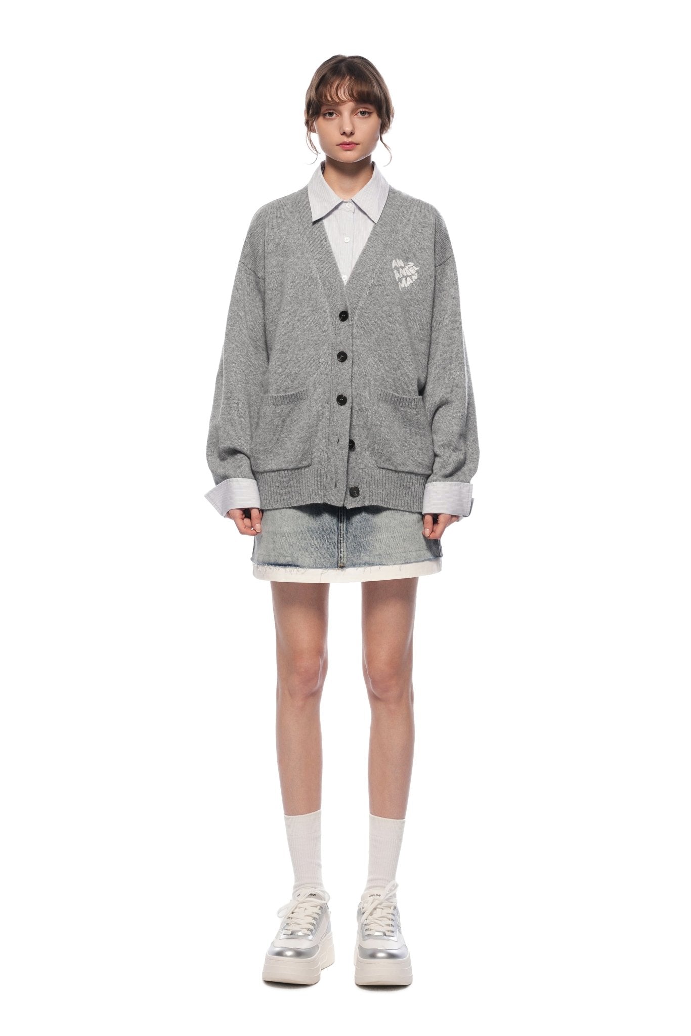 Ann Andelman Grey Faux Two-piece Knit Top With Patchwork Shirt