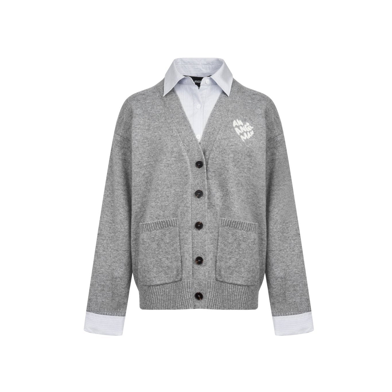 Ann Andelman Grey Faux Two-piece Knit Top With Patchwork Shirt