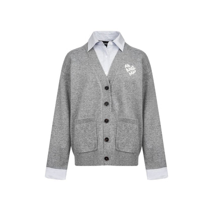 Ann Andelman Grey Faux Two-piece Knit Top With Patchwork Shirt