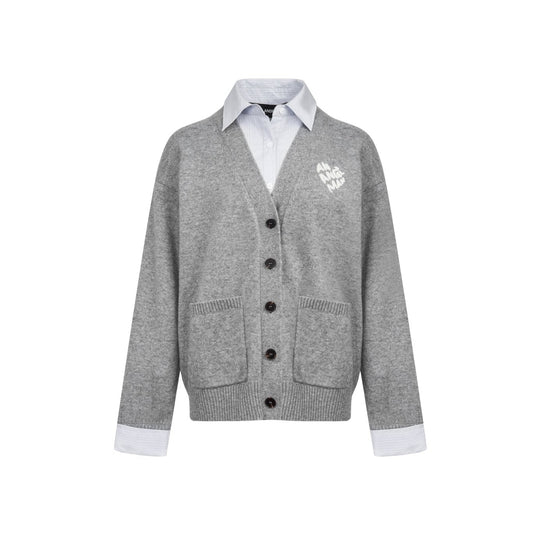 Ann Andelman Grey Faux Two-piece Knit Top With Patchwork Shirt