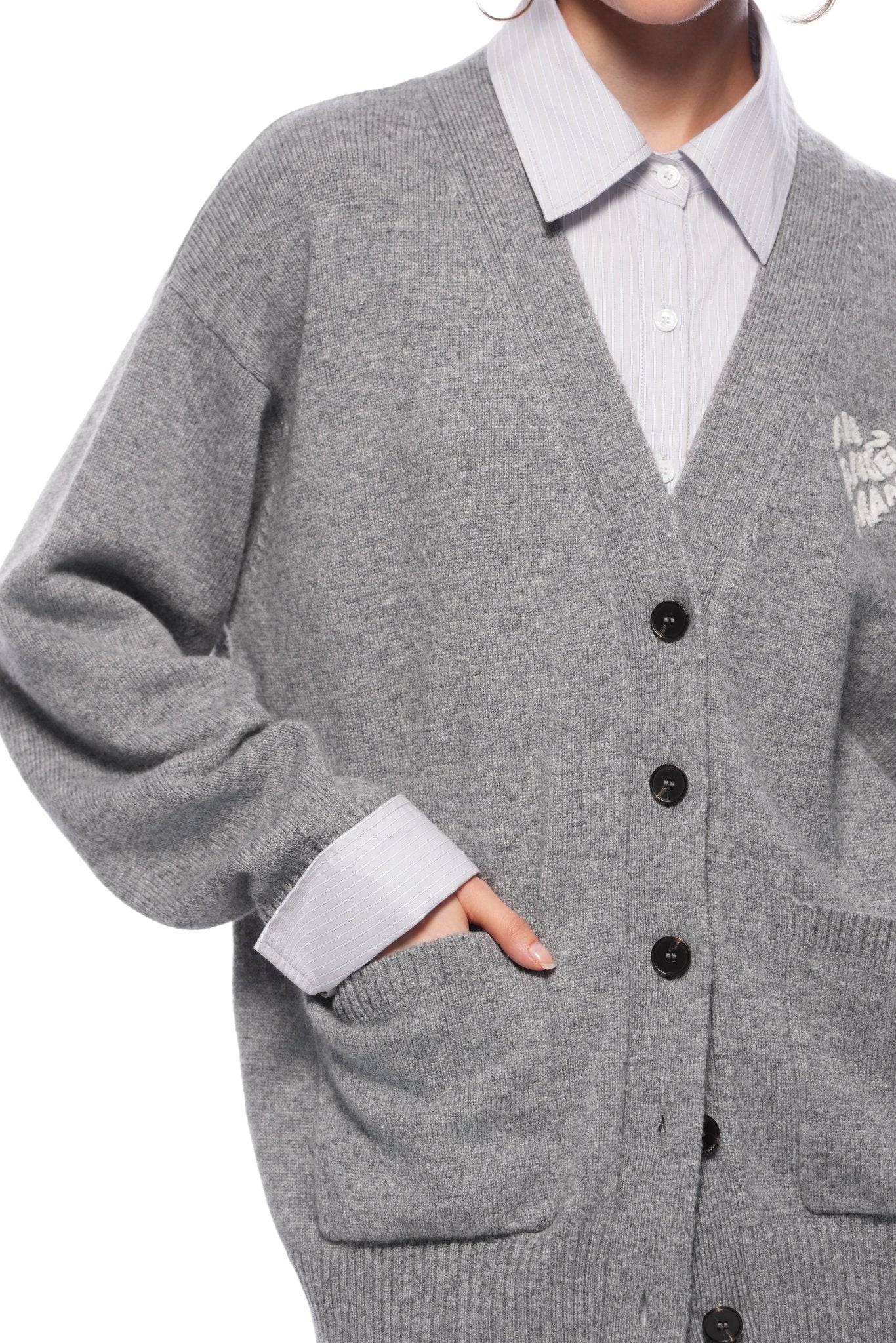 Ann Andelman Grey Faux Two-piece Knit Top With Patchwork Shirt