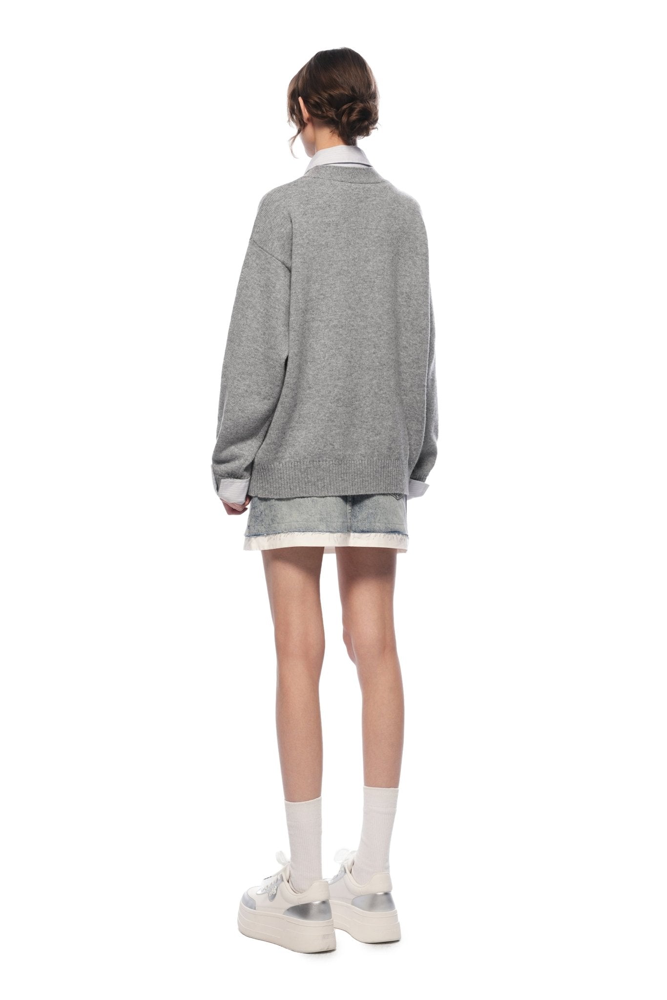 Ann Andelman Grey Faux Two-piece Knit Top With Patchwork Shirt