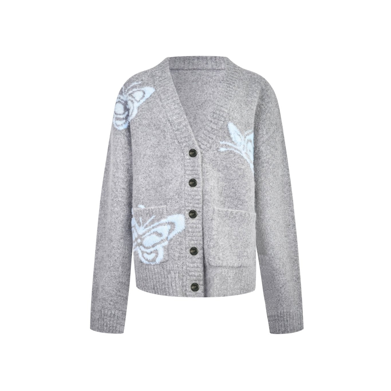 Ann Andelman Light Gray Butterfly Jacquard V-neck Cardigan