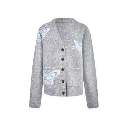 Ann Andelman Light Gray Butterfly Jacquard V-neck Cardigan