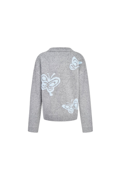 Ann Andelman Light Gray Butterfly Jacquard V-neck Cardigan