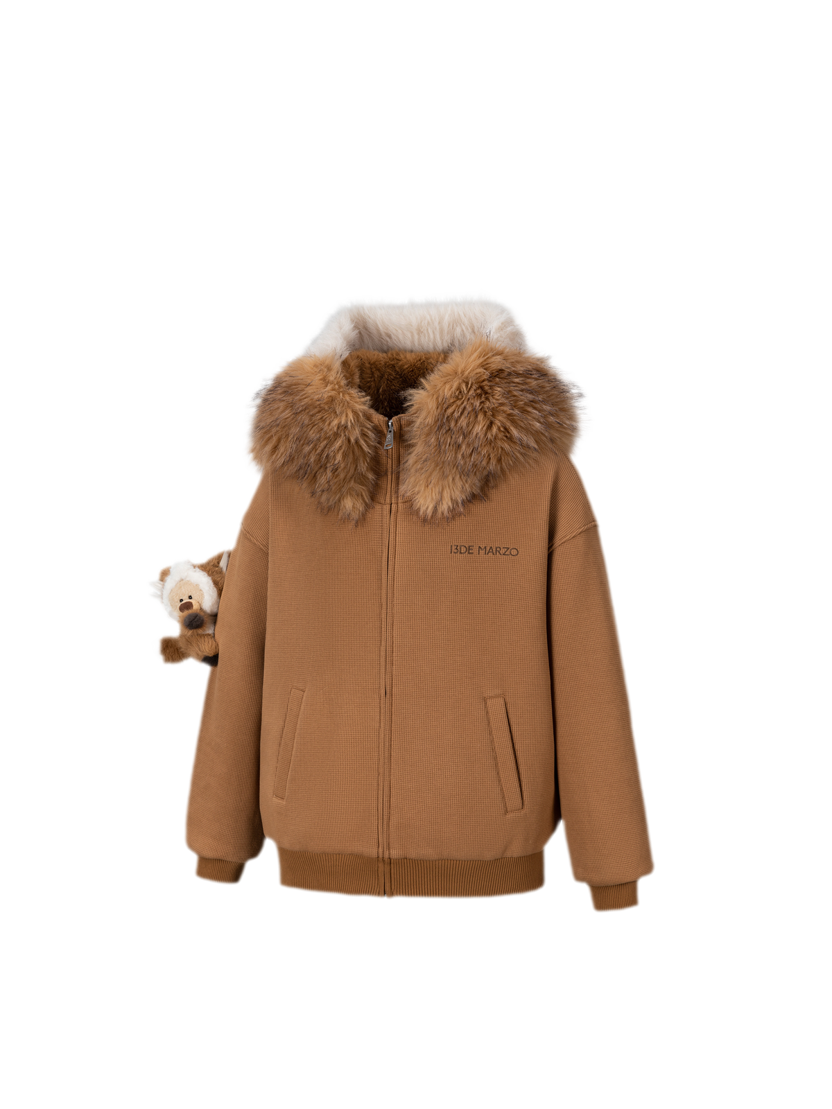 13DE MARZO Textured Fox-Ear Zip Hoodie Brown