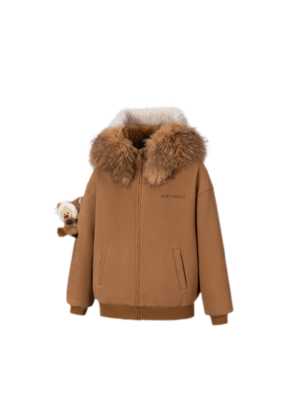 13DE MARZO Textured Fox-Ear Zip Hoodie Brown