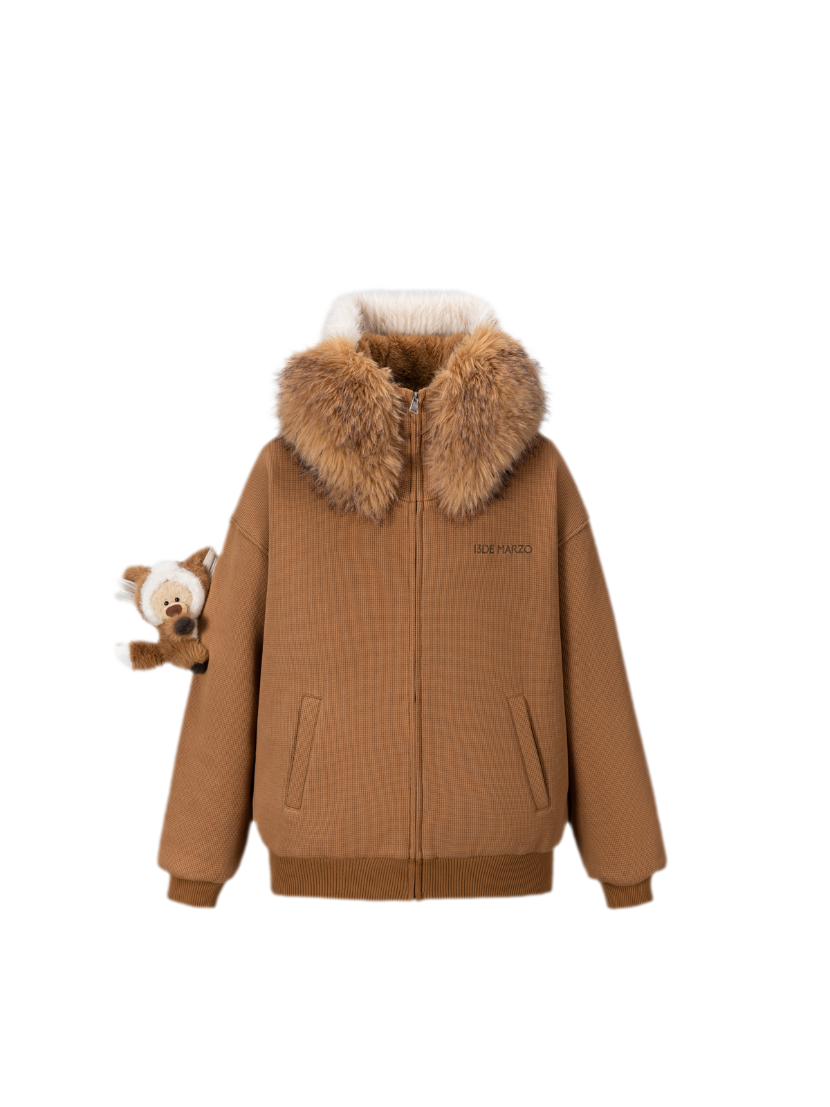 13DE MARZO Textured Fox-Ear Zip Hoodie Brown