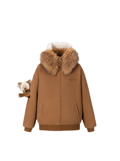 13DE MARZO Textured Fox-Ear Zip Hoodie Brown