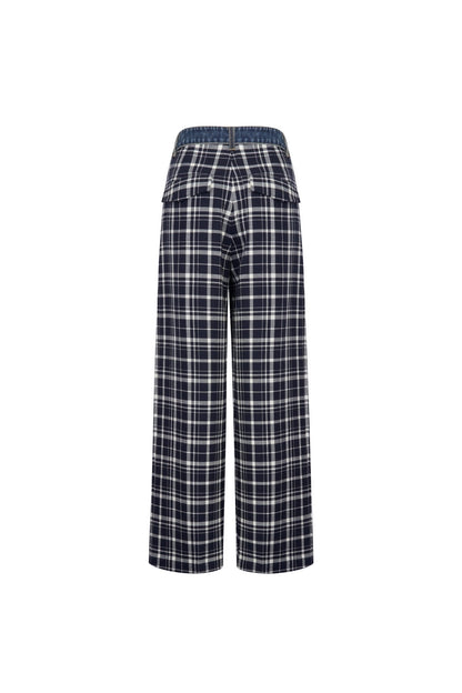 Ann Andelman Navy Blue Patchwork Denim Checkered Trousers