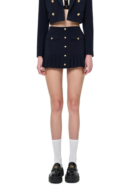 Ann Andelman Navy Blue Pleated Skirt with Metal Buckle
