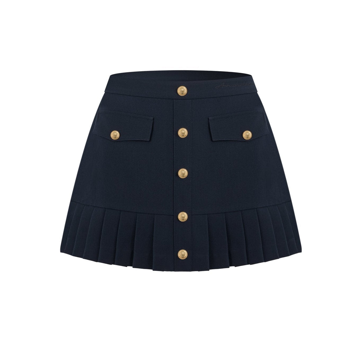 Ann Andelman Navy Blue Pleated Skirt with Metal Buckle
