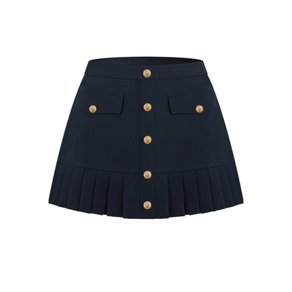 Ann Andelman Navy Blue Pleated Skirt with Metal Buckle