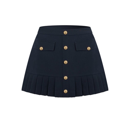 Ann Andelman Navy Blue Pleated Skirt with Metal Buckle