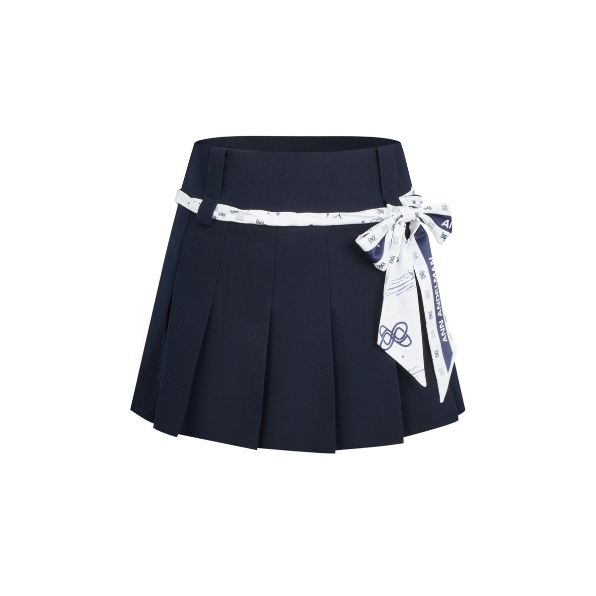 Ann Andelman Silk Scarf Tied Pleated Skirt Navy Blue