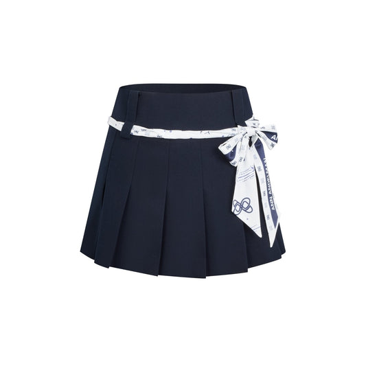 Ann Andelman Silk Scarf Tied Pleated Skirt Navy Blue