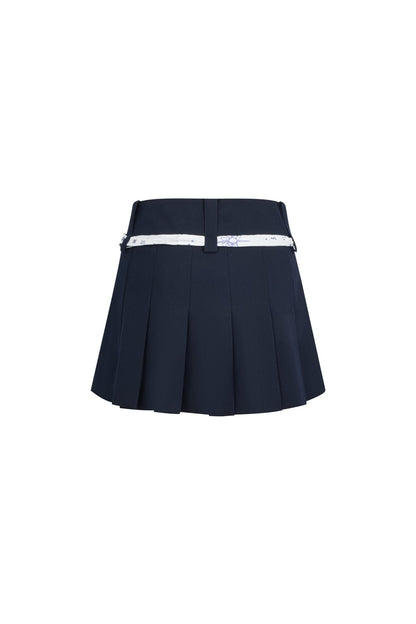 Ann Andelman Silk Scarf Tied Pleated Skirt Navy Blue