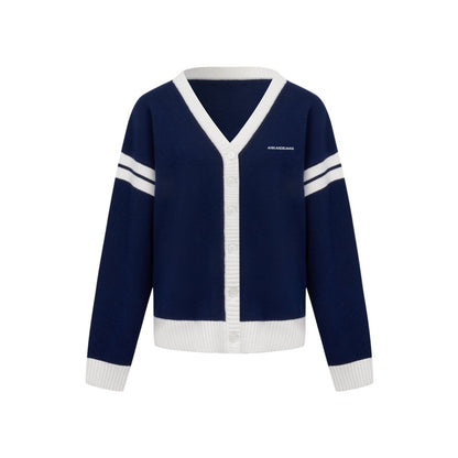 Ann Andelman Navy Contrast Color V-neck Wool Cardigan