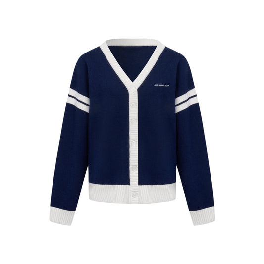 Ann Andelman Navy Contrast Color V-neck Wool Cardigan