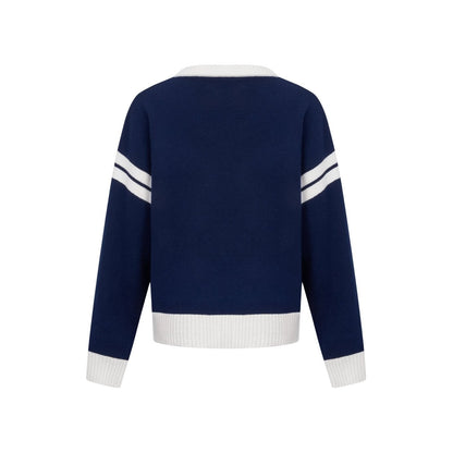 Ann Andelman Navy Contrast Color V-neck Wool Cardigan