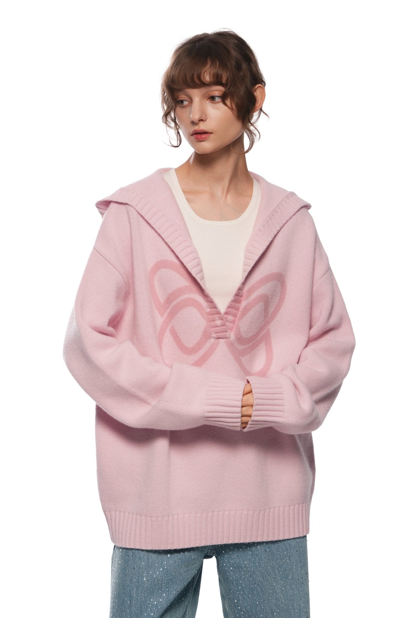 Ann Andelman Pink Printed Hooded V-neck Sweater