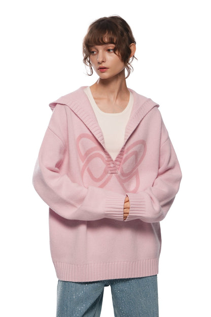 Ann Andelman Pink Printed Hooded V-neck Sweater