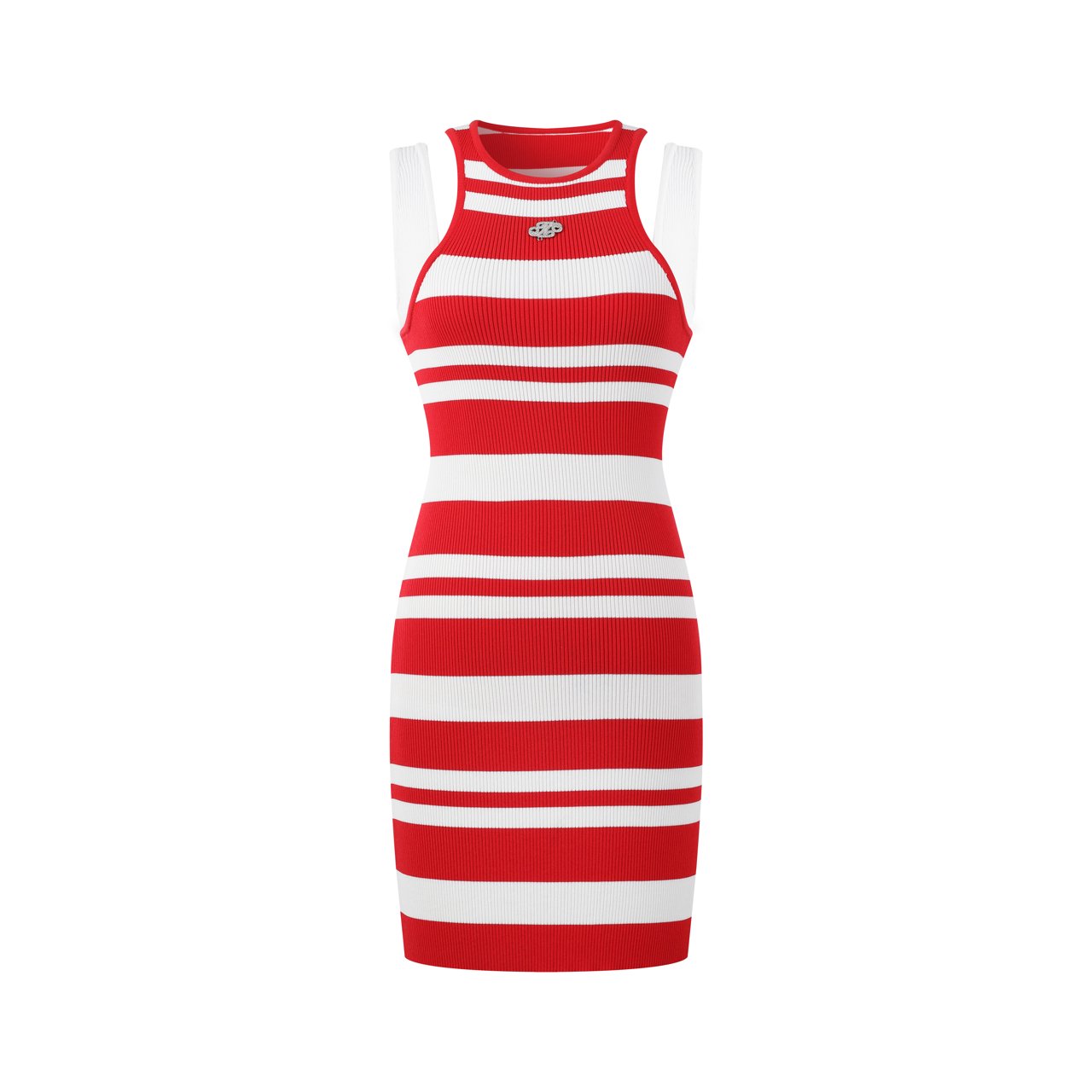 THREE QUARTERS Red and White Patchwork Sleeveless Striped Knit Dress