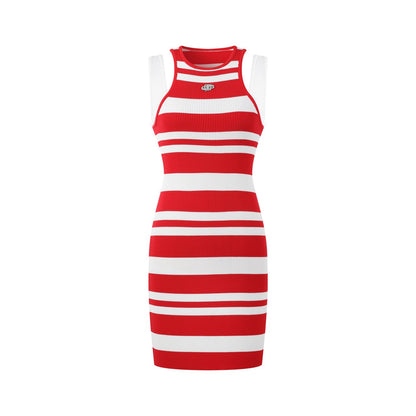 THREE QUARTERS Red and White Patchwork Sleeveless Striped Knit Dress