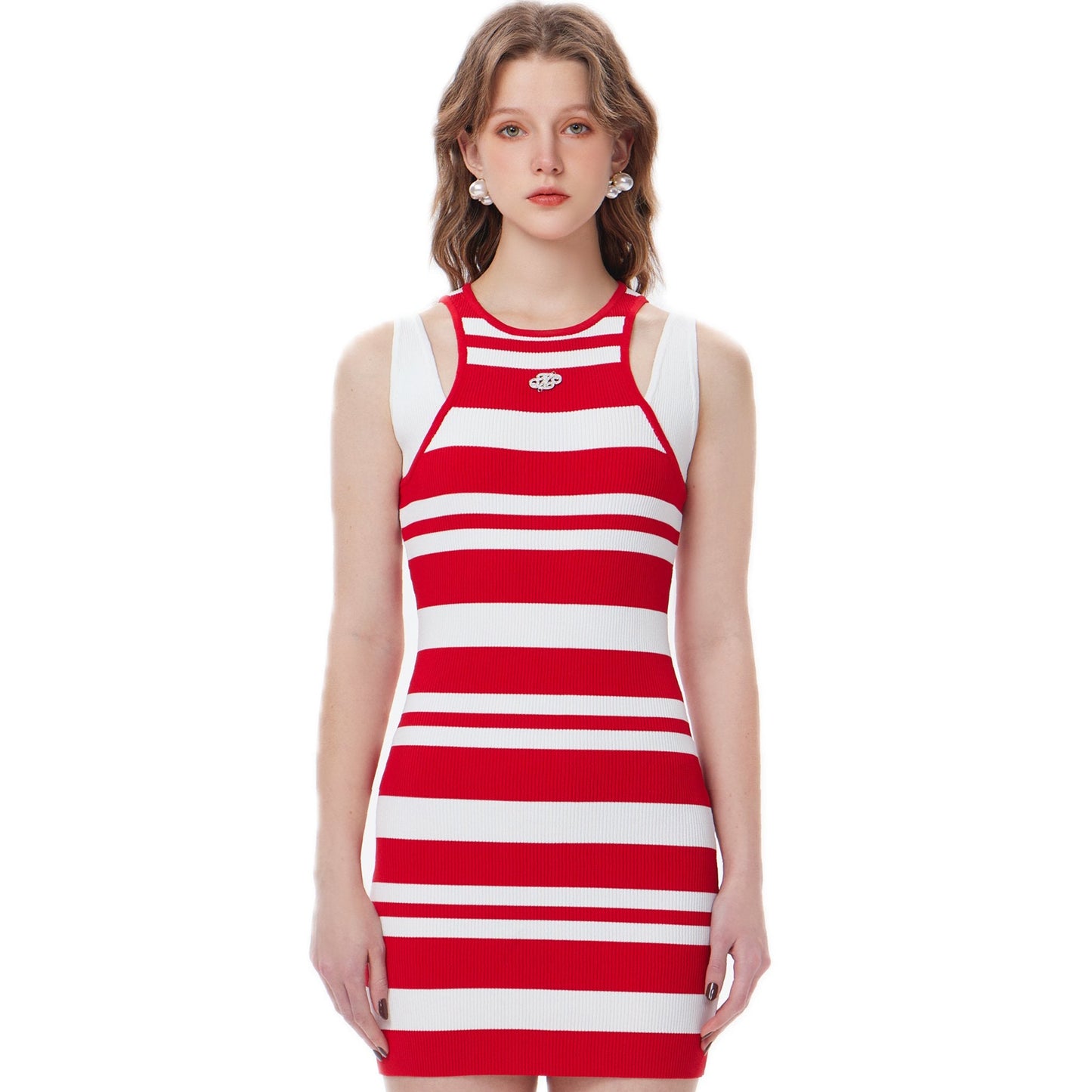 THREE QUARTERS Red and White Patchwork Sleeveless Striped Knit Dress