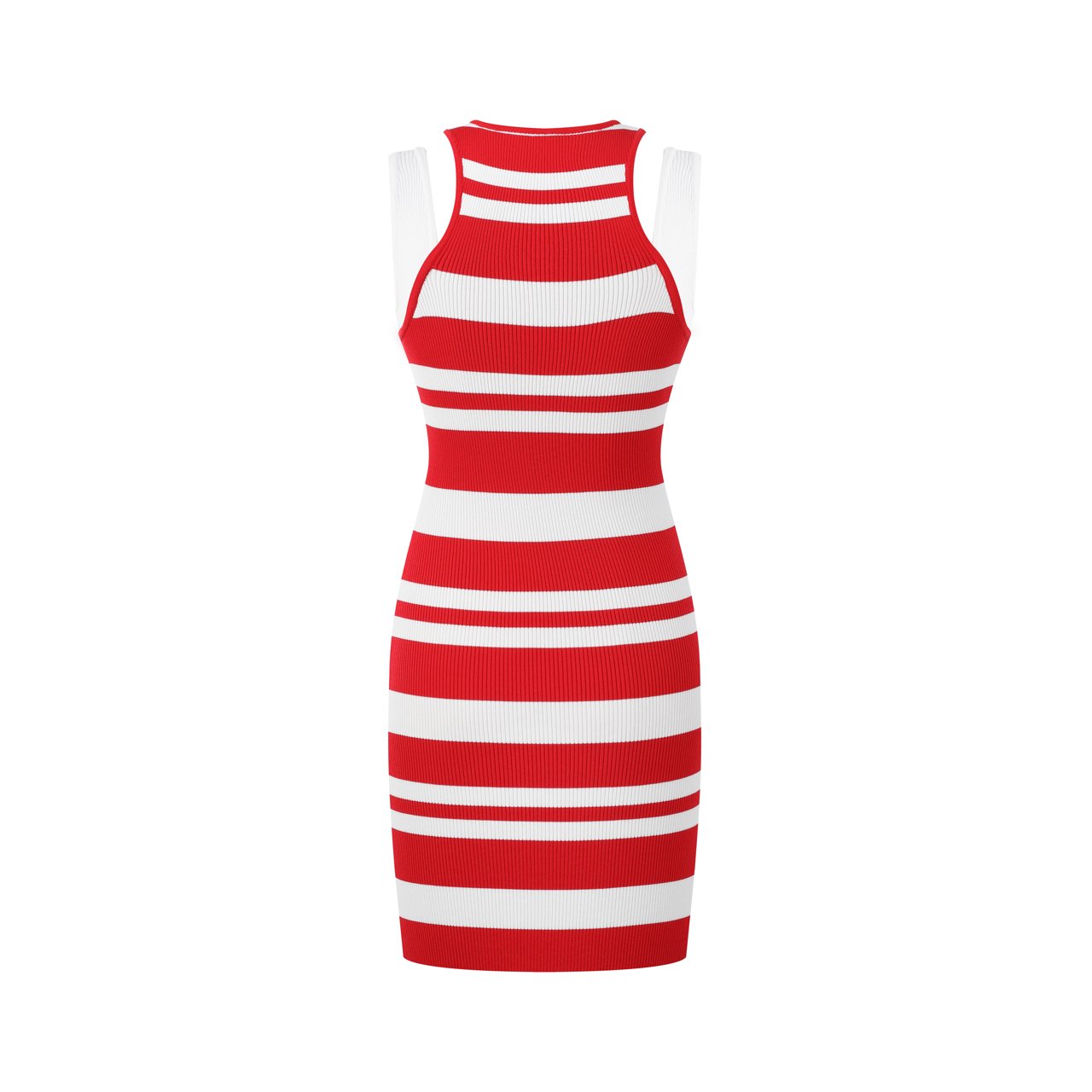 THREE QUARTERS Red and White Patchwork Sleeveless Striped Knit Dress