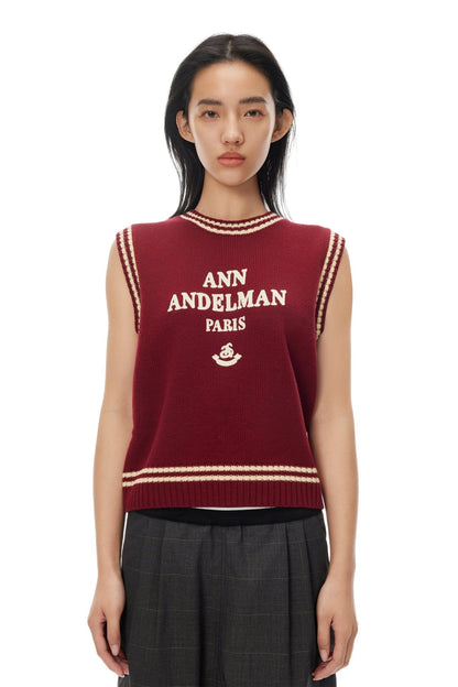 Ann Andelman Red Crew Neck Logo Knit Vest