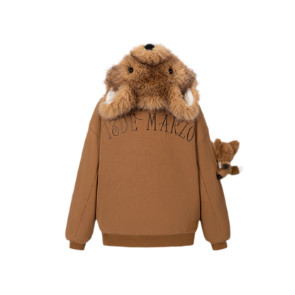 13DE MARZO Textured Fox-Ear Zip Hoodie Brown