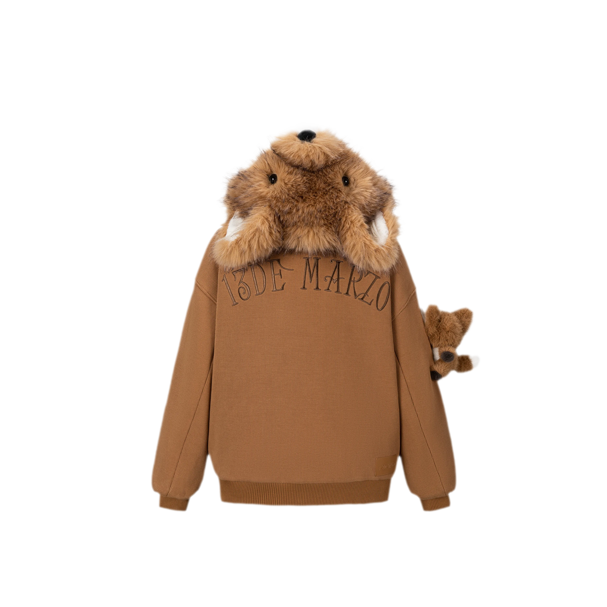 13DE MARZO Textured Fox-Ear Zip Hoodie Brown