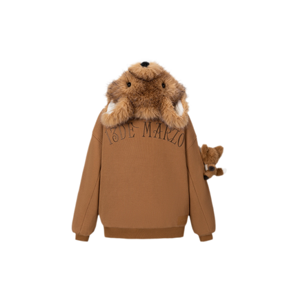 13DE MARZO Textured Fox-Ear Zip Hoodie Brown