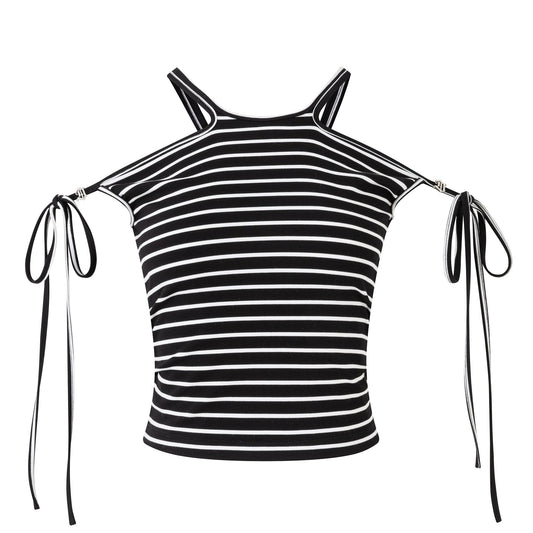 DIANA VEVINA Slim Fit Black And White Striped Strappy Tank Top