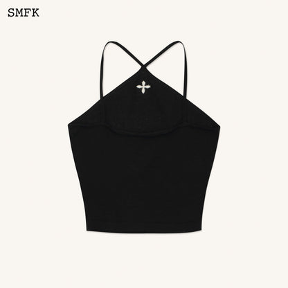 SMFK Temple Traditional Black Knitted Cross Sling Top