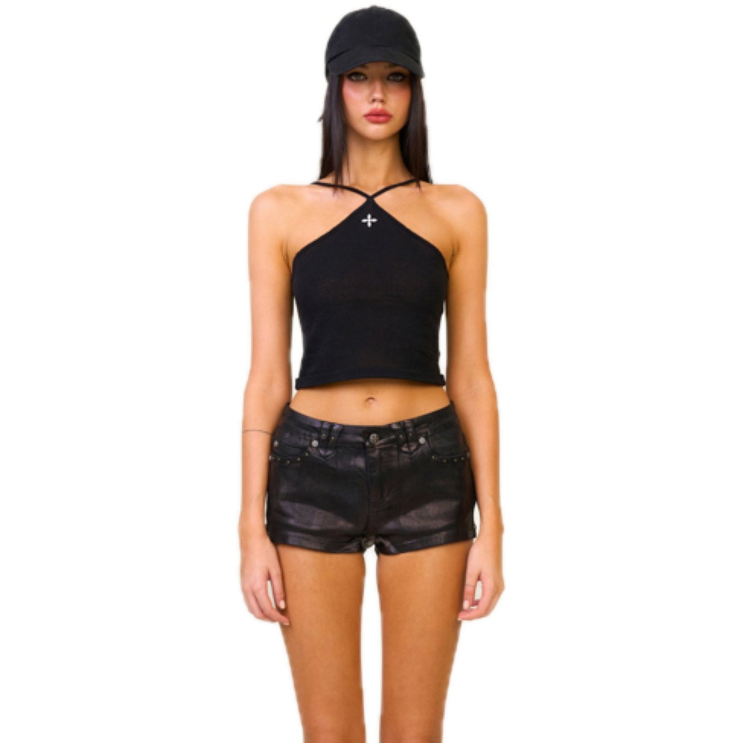 SMFK Temple Traditional Black Knitted Cross Sling Top