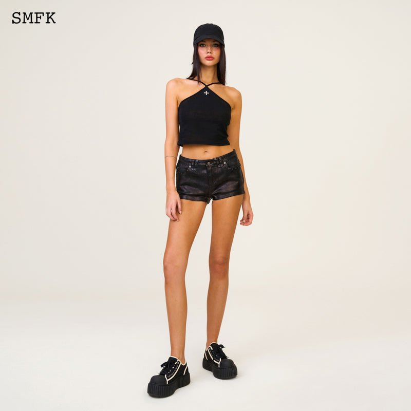 SMFK Temple Traditional Black Knitted Cross Sling Top