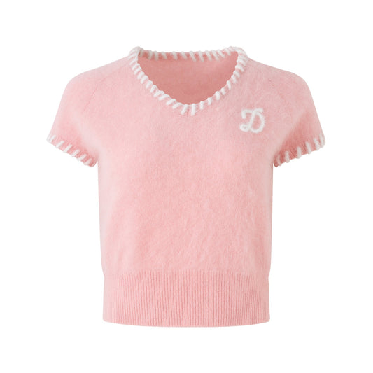 DIANA VEVINA V-Neck Knit Tender Short Top Pink