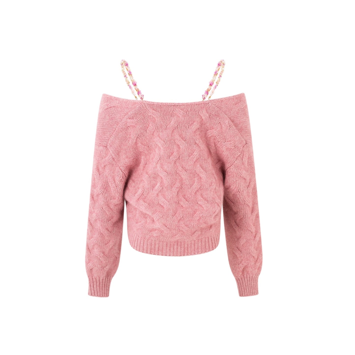 DIANA VEVINA V-Neck Off-The-Shoulder Twisted Knit Pink