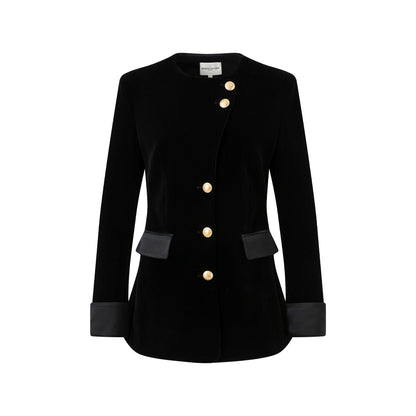 DIANA VEVINA Velvet Slant Button Patchwork Blazer