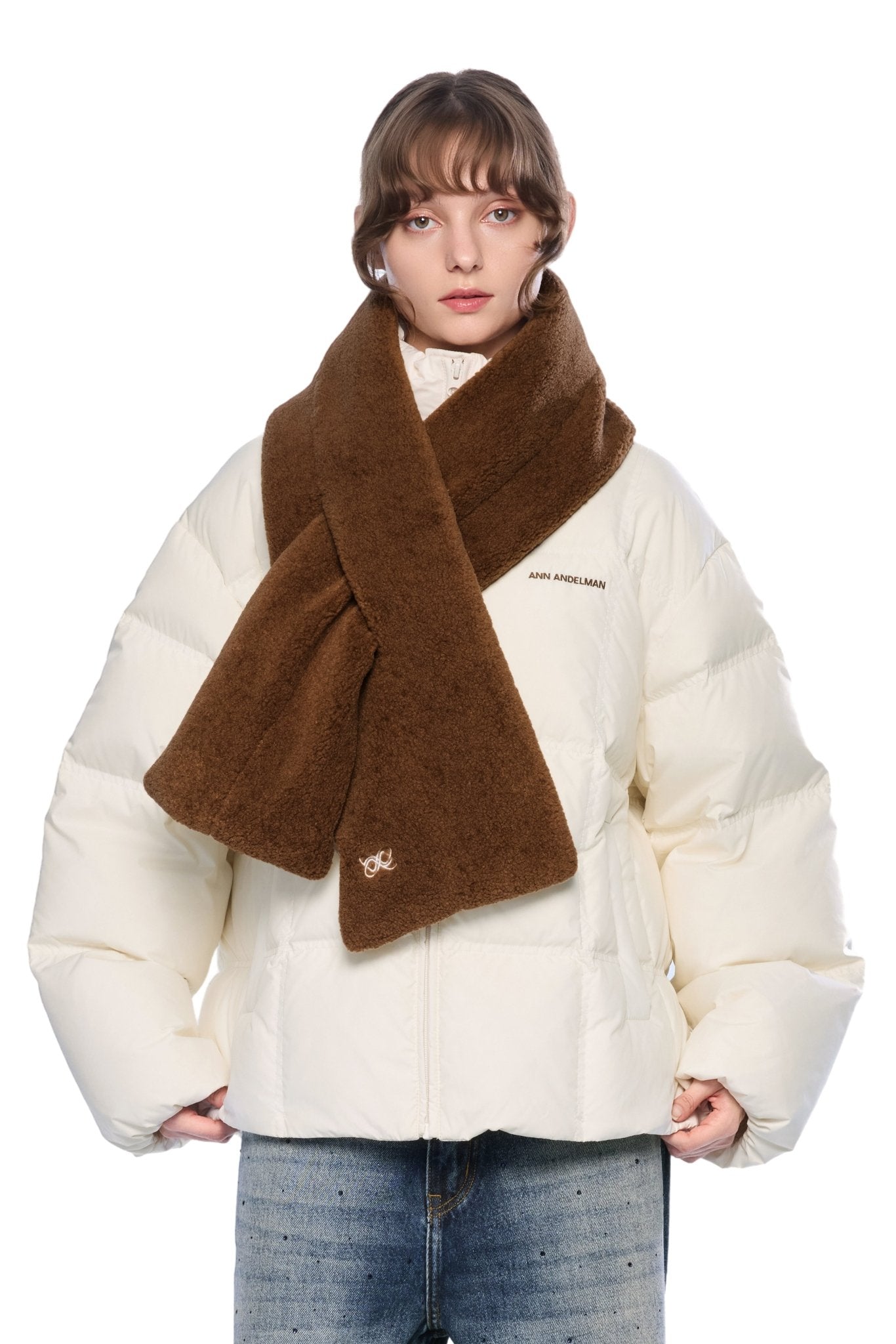 Ann Andelman White Detachable Color-blocked Scarf Down Jacket