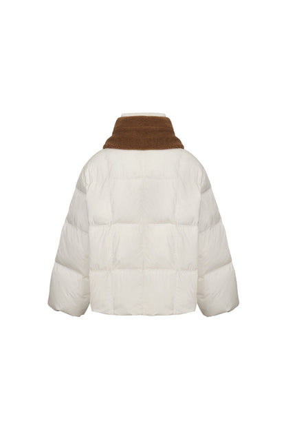 Ann Andelman White Detachable Color-blocked Scarf Down Jacket
