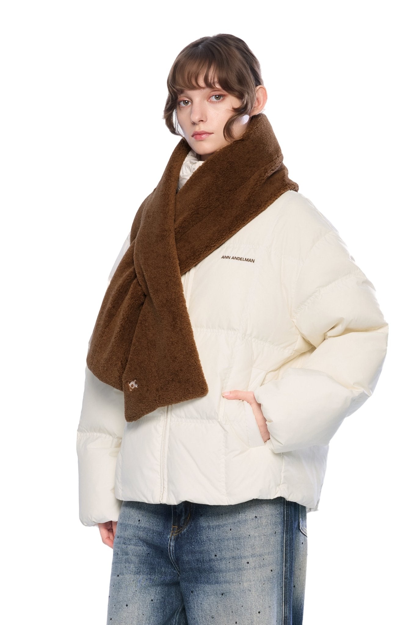 Ann Andelman White Detachable Color-blocked Scarf Down Jacket