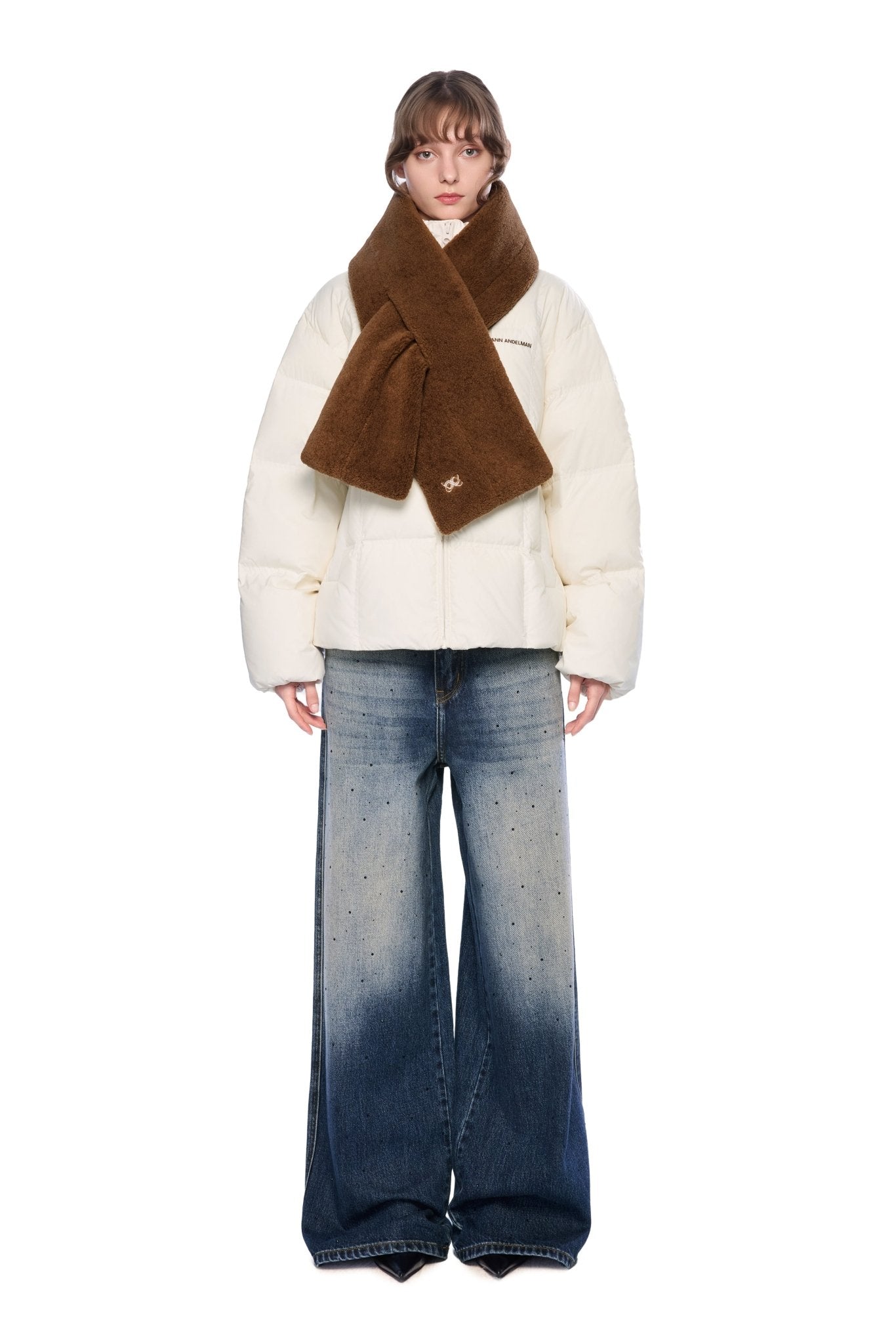 Ann Andelman White Detachable Color-blocked Scarf Down Jacket