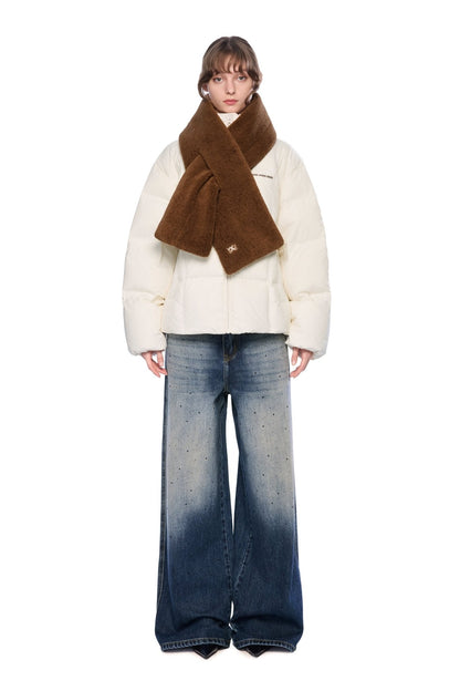 Ann Andelman White Detachable Color-blocked Scarf Down Jacket