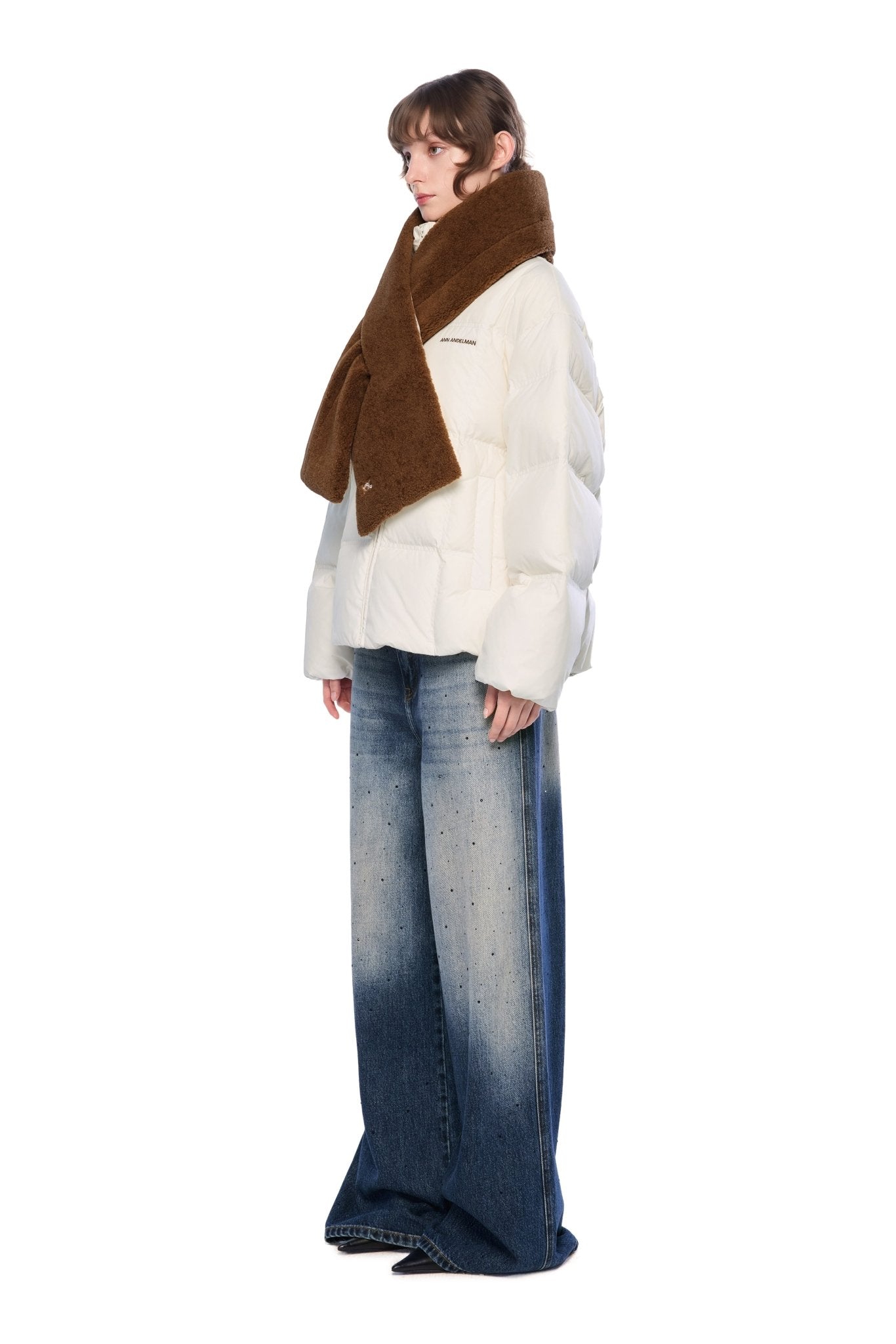 Ann Andelman White Detachable Color-blocked Scarf Down Jacket