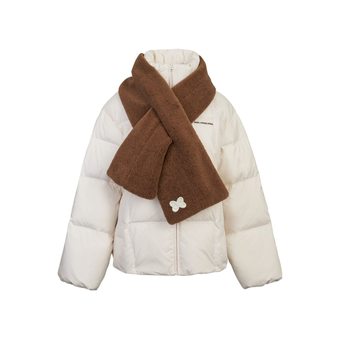 Ann Andelman White Detachable Color-blocked Scarf Down Jacket
