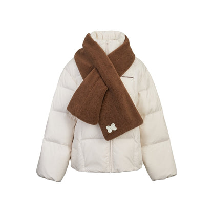 Ann Andelman White Detachable Color-blocked Scarf Down Jacket