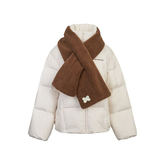 Ann Andelman White Detachable Color-blocked Scarf Down Jacket